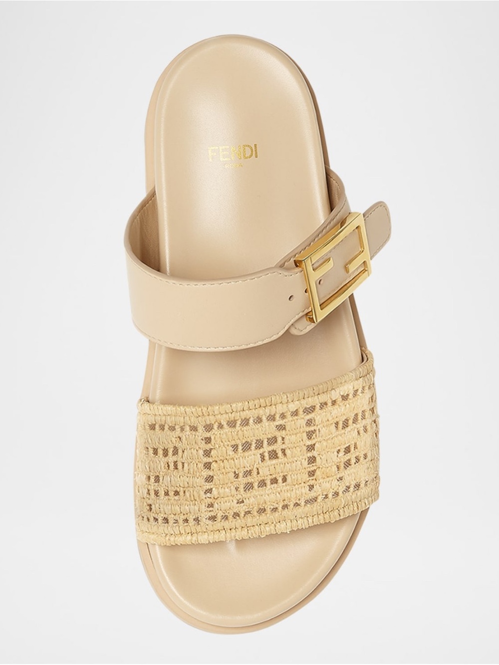 NEW Fendi Feel Cream Beige Leather & Raffia Sandals w/ FF Gold Logo - Size 38 - Picture 3 of 12
